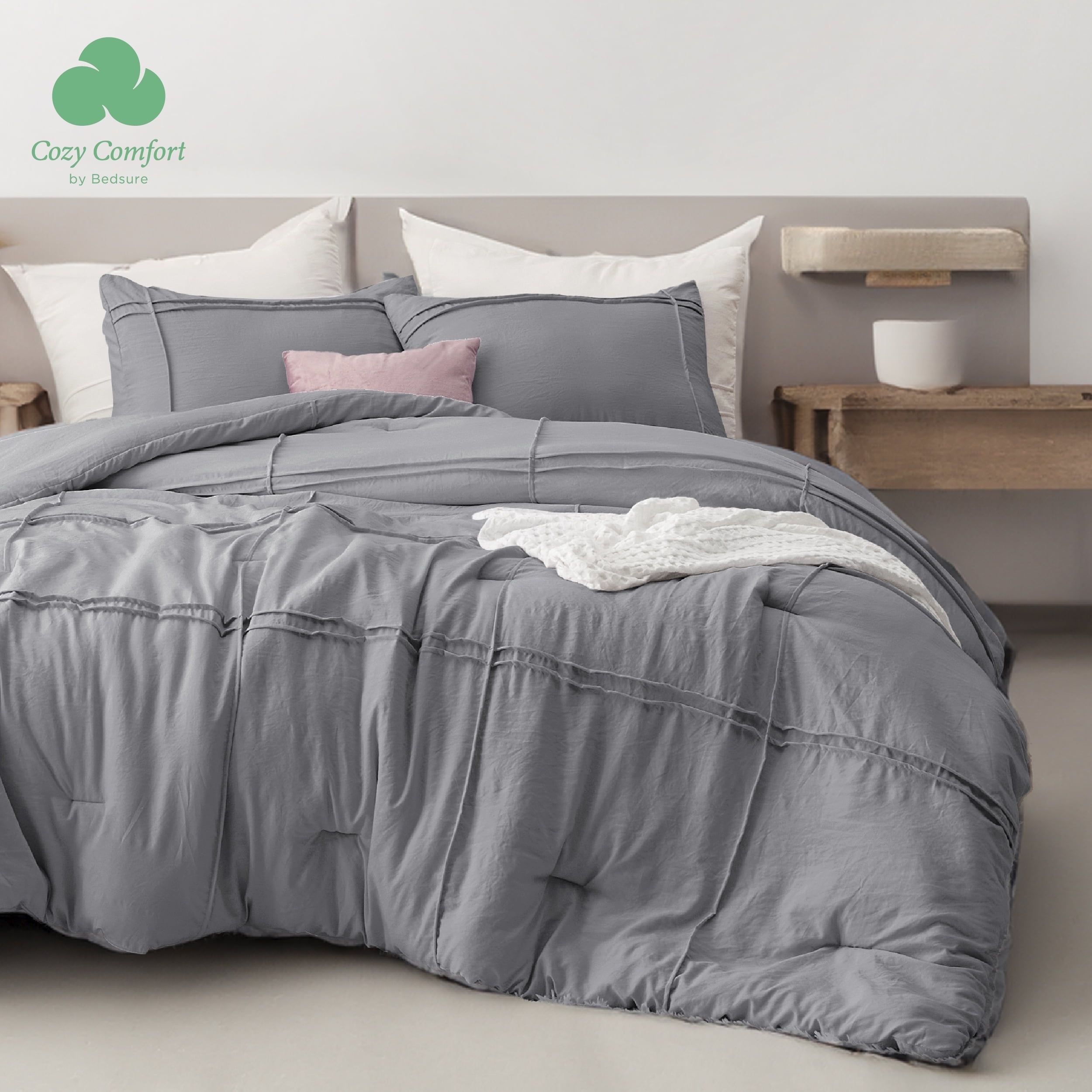 Cozy Comfort Queen Comforter Set with Sheet - 4 Pieces Soft Grey Bedding Sets, Grid Pinch Pleat, All Season Lightweight Fluffy Bed Set with Solid Boho Comforter, Pillowcases \u0026 Sheet